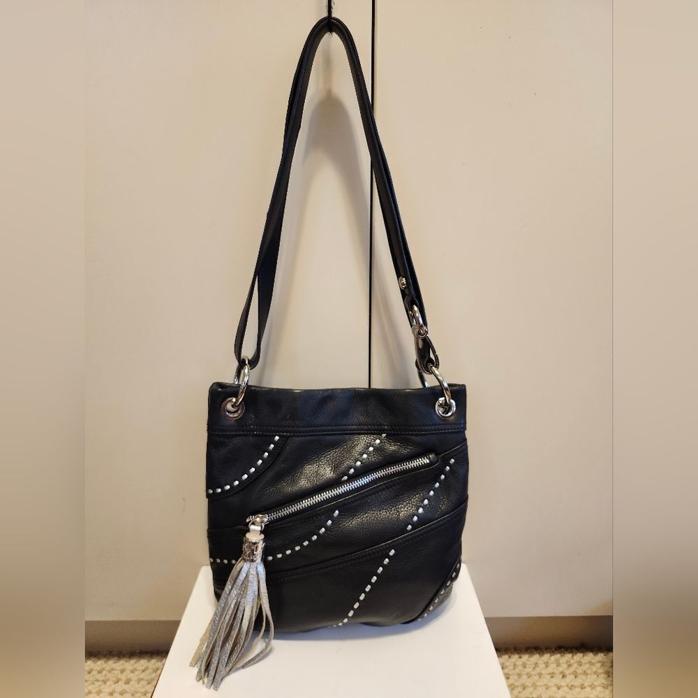 B.Makowsky Black/Silver Buttery Leather Crossbag Leopard Lining Ret. $268